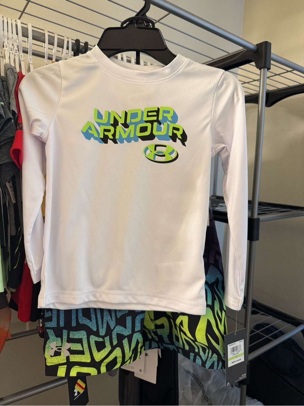 Under Armour White Long-Sleeve Kids Rashguard with Neon Green & Blue Logo
